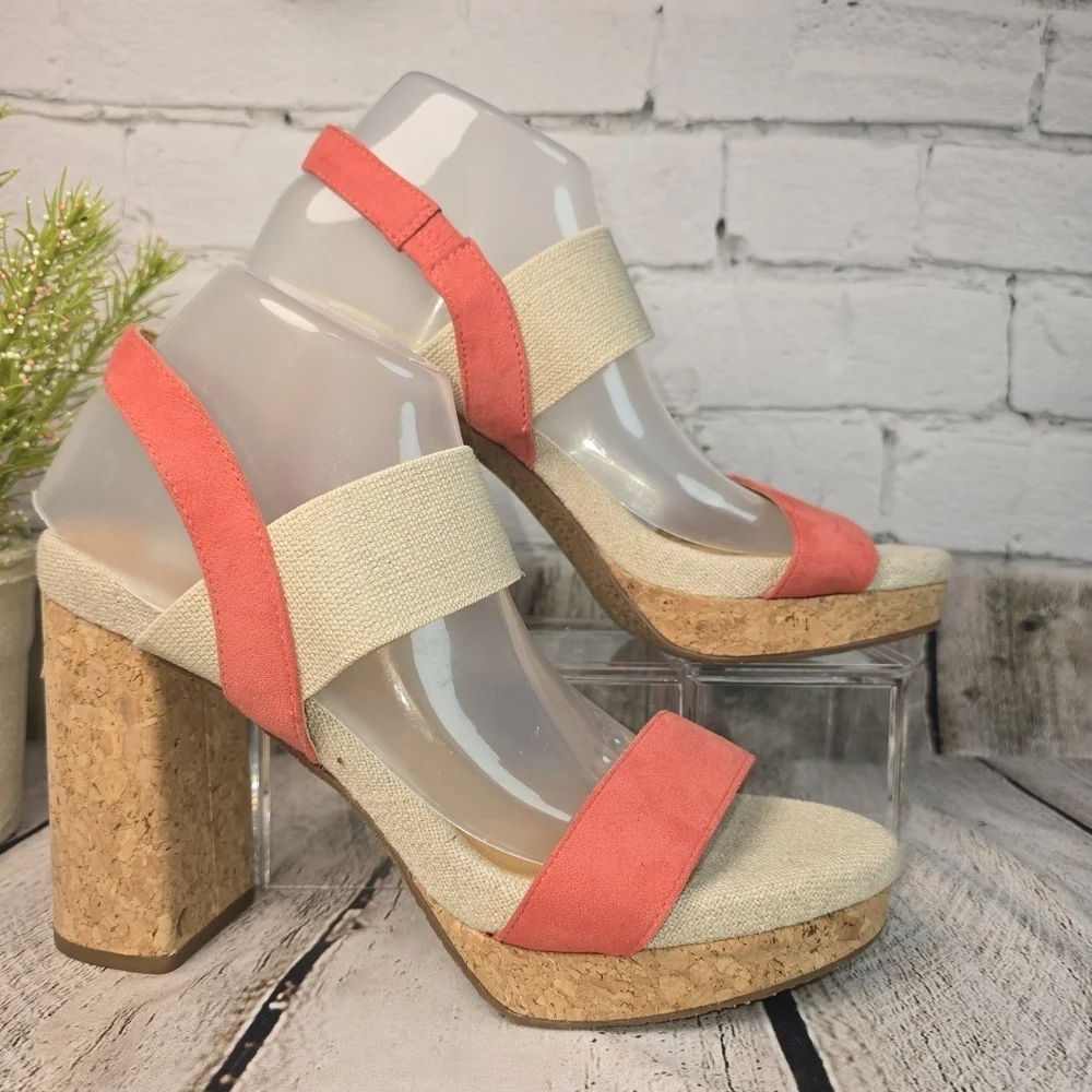 YELLOW BOX CORAL AND TAN STRAPPY CORK HEELS  RESORTWEAR SUMMER WOMENS 9.5